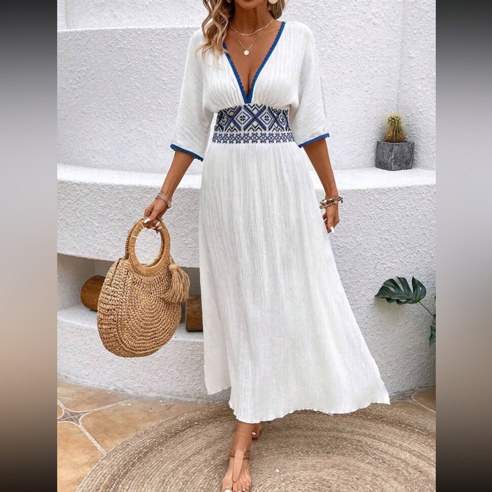 Boho embroidered patchwork slit side maxi dress